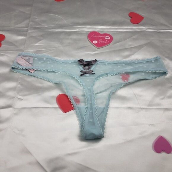 Victoria's Secret Aqua Blue Mesh Dots Thong Size L - Picture 2 of 4